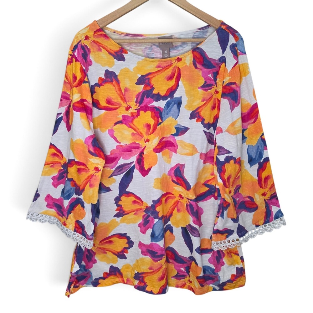 Chicos Top Womens Size 4 US XXL 20 Floral Slub Knit Crochet Lace Bell Sleeve